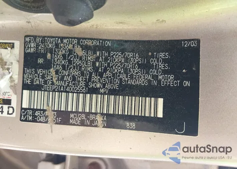 2004 Toyota Highlander V6 z USA, uszkodzony, nr VIN JTEEP21A140025561